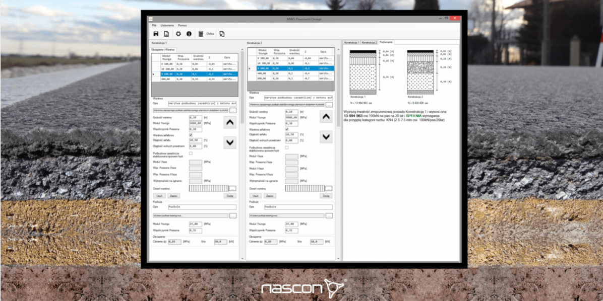 Ekran programu do projektowania konstrukcji drogowych metodą mechanistyczną. Program MWS Pavement Design spółki Nascon.