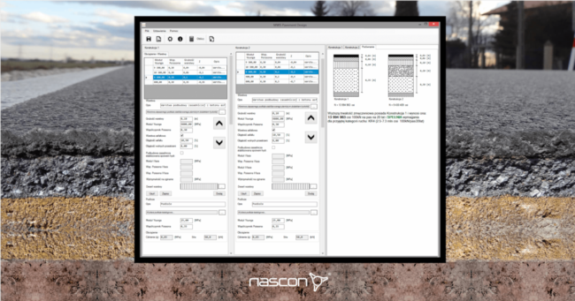 Ekran programu do projektowania konstrukcji drogowych metodą mechanistyczną. Program MWS Pavement Design spółki Nascon.