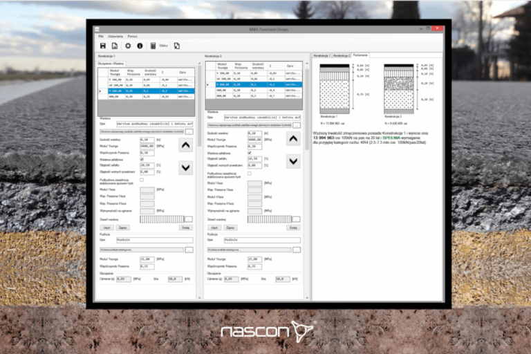 Ekran programu do projektowania konstrukcji drogowych metodą mechanistyczną. Program MWS Pavement Design spółki Nascon.